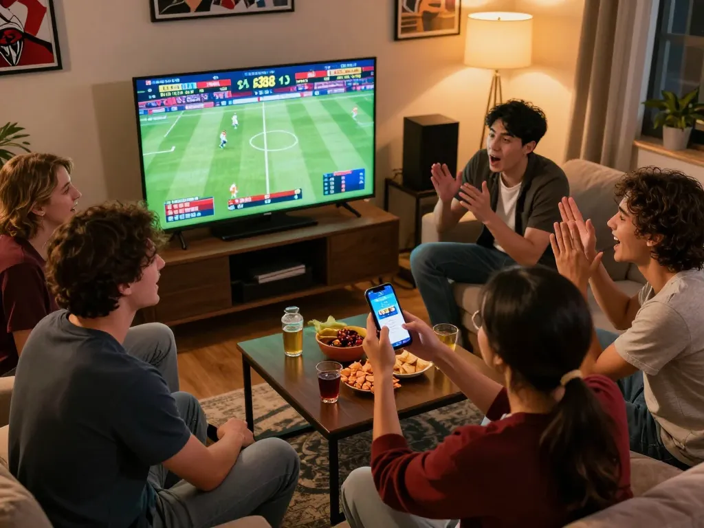 Friends enjoying a lively sports betting session using the sv368 app, capturing the excitement of live matches.