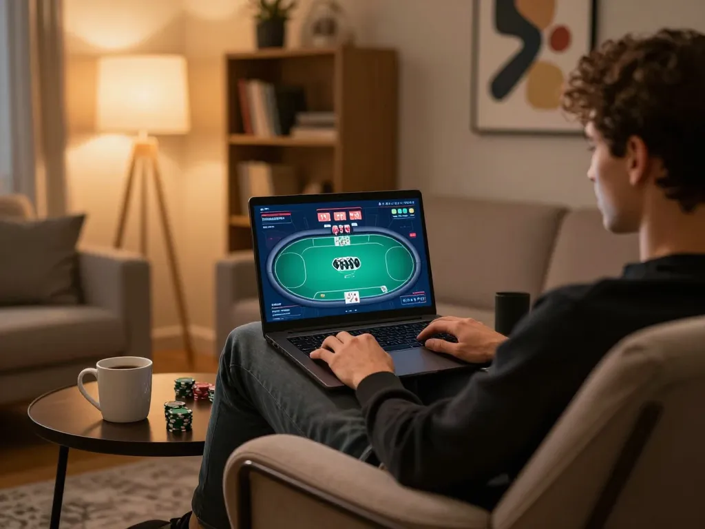Engaging online poker session on https://sin88.expert/, showcasing a player's strategic focus in a cozy home atmosphere.