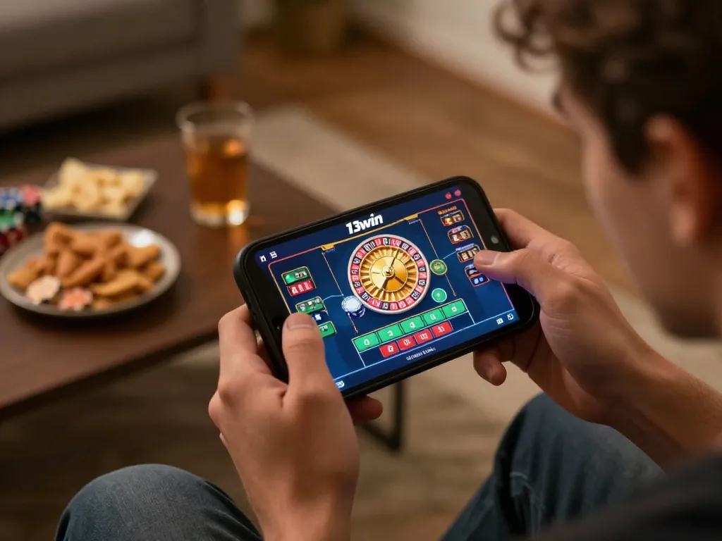 Engaging player enjoying 13win mobile casino gaming with vibrant roulette display.