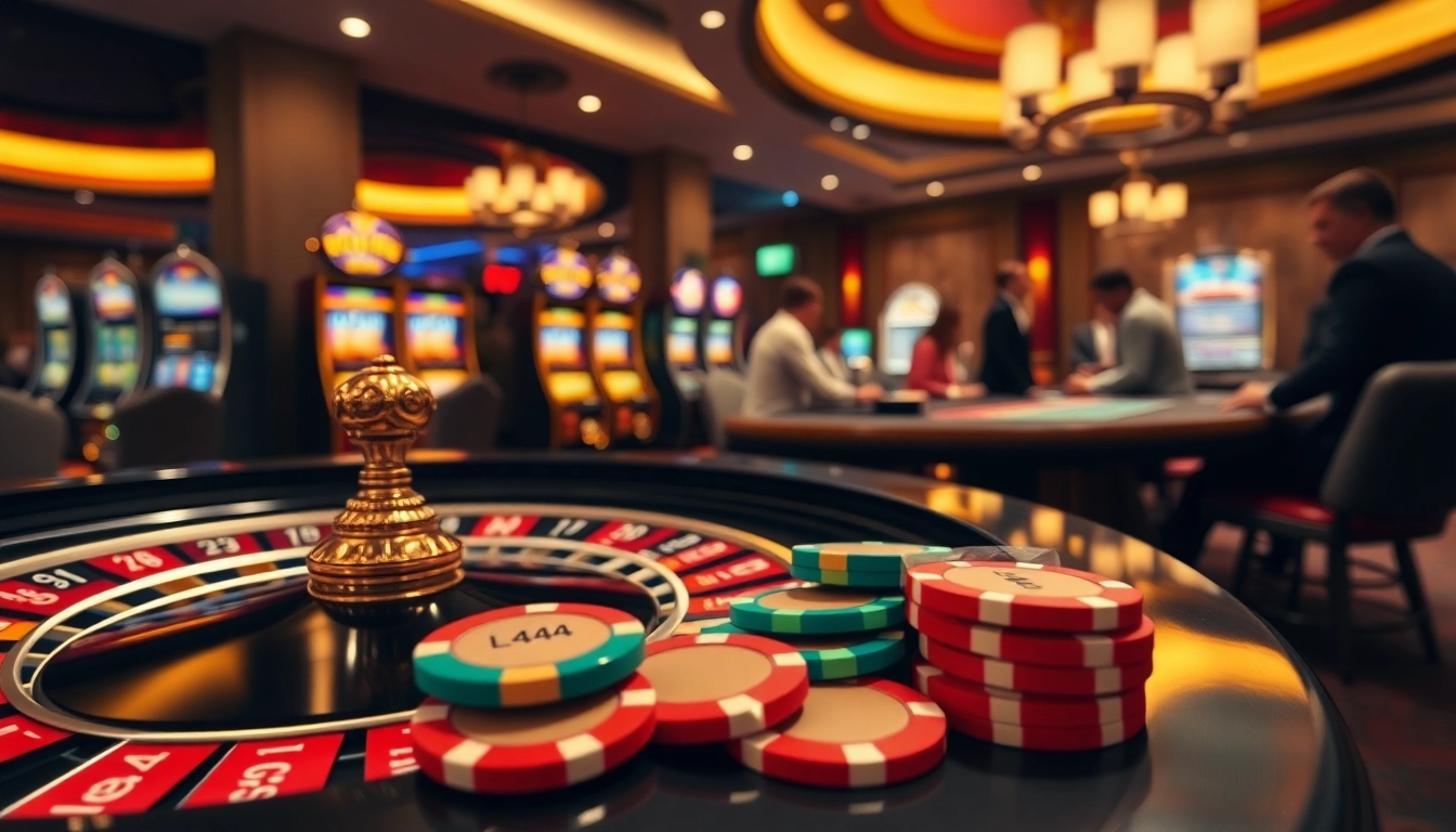 Players engage in exciting gaming at L444's vibrant roulette table amidst a luxurious casino atmosphere.