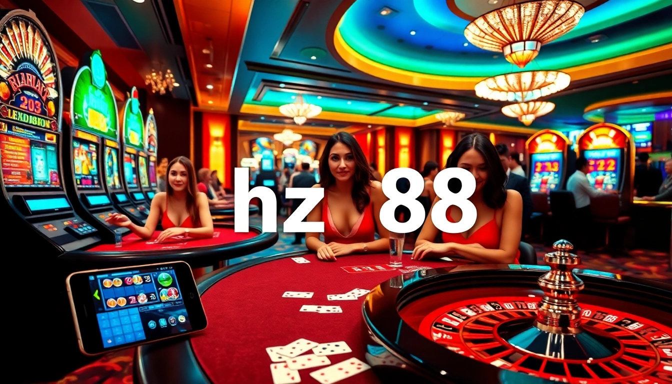Excited gamblers engage with games at HZ88's luxurious casino, showcasing vibrant tables and online features.