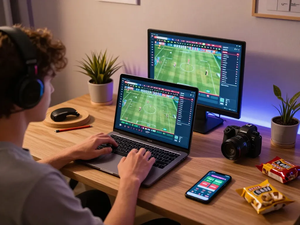 Player enjoying sports betting on BK33 while using a laptop at home, showcasing a casual gaming atmosphere