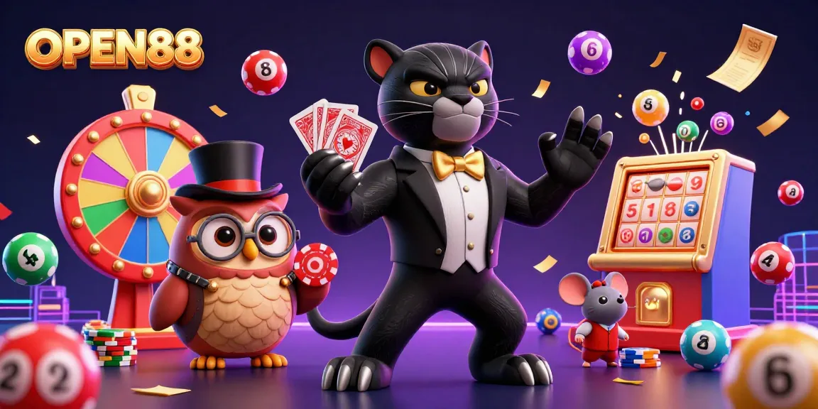 Play games on OPEN88 with a stylish black panther dealer, poker chips, vibrant lottery elements, and dynamic energy.