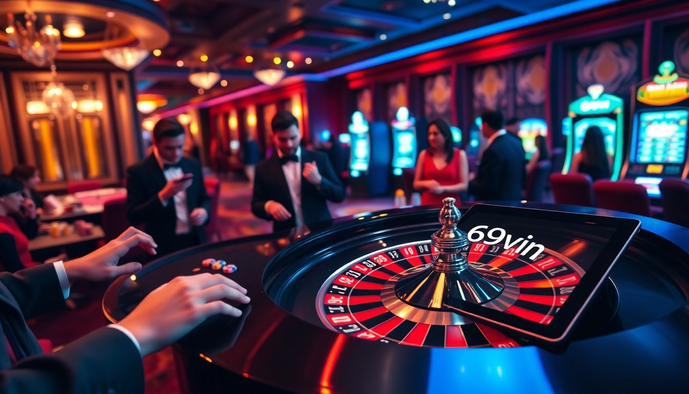 Experience the thrill of 69vn with gamblers placing bets at a luxurious casino table.