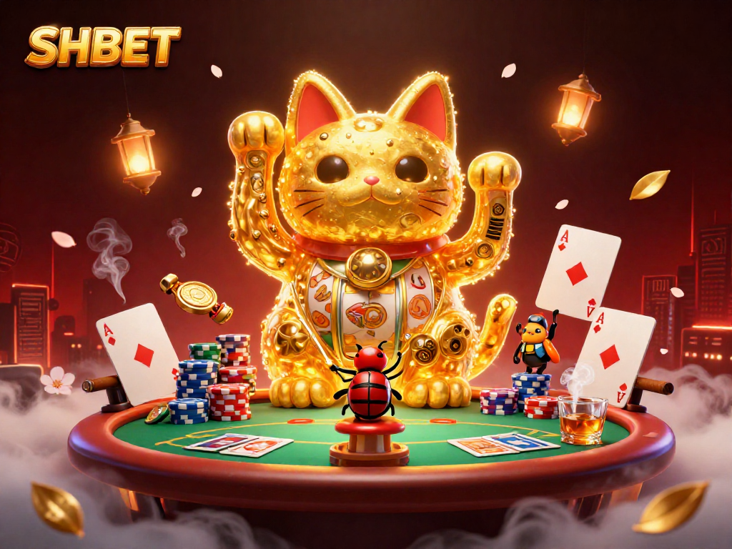Experience the magic of SHBET with a golden lucky cat in a vibrant casino scene filled with winning symbols.