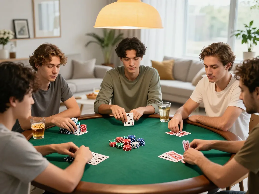 Engaging friends in a lively poker night at home, showcasing strategic gameplay in a friendly environment of 123bet.