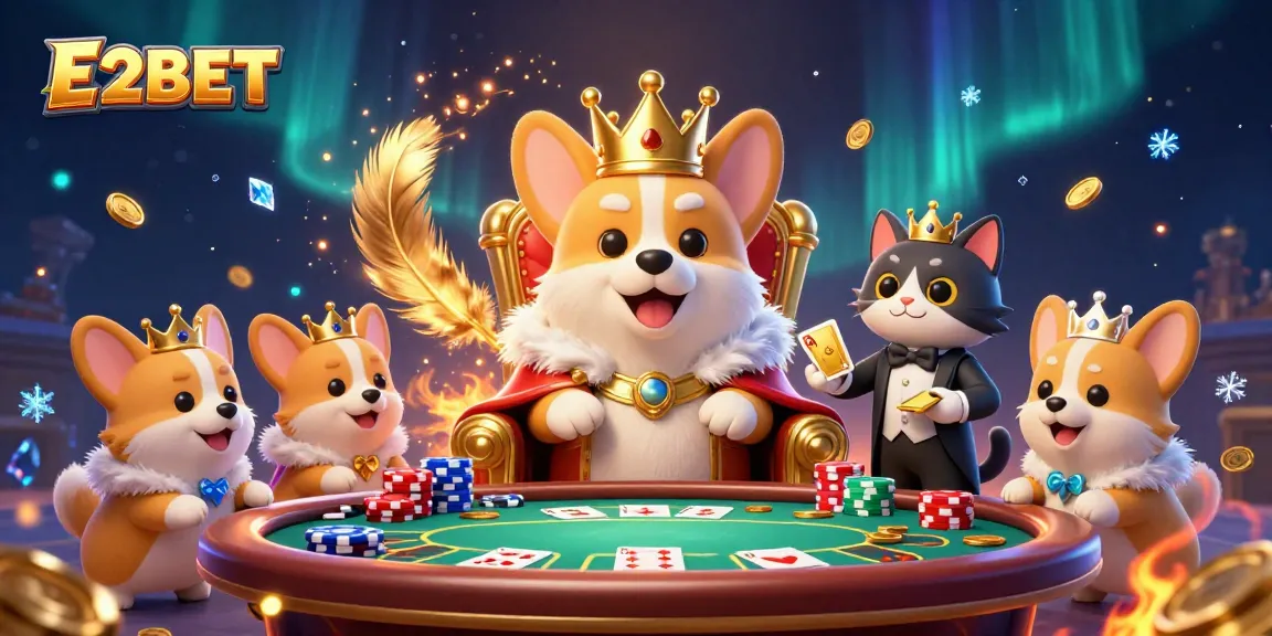 E2BET players engage in dynamic poker action with thrilling golden elements and a royal corgi centerpiece.