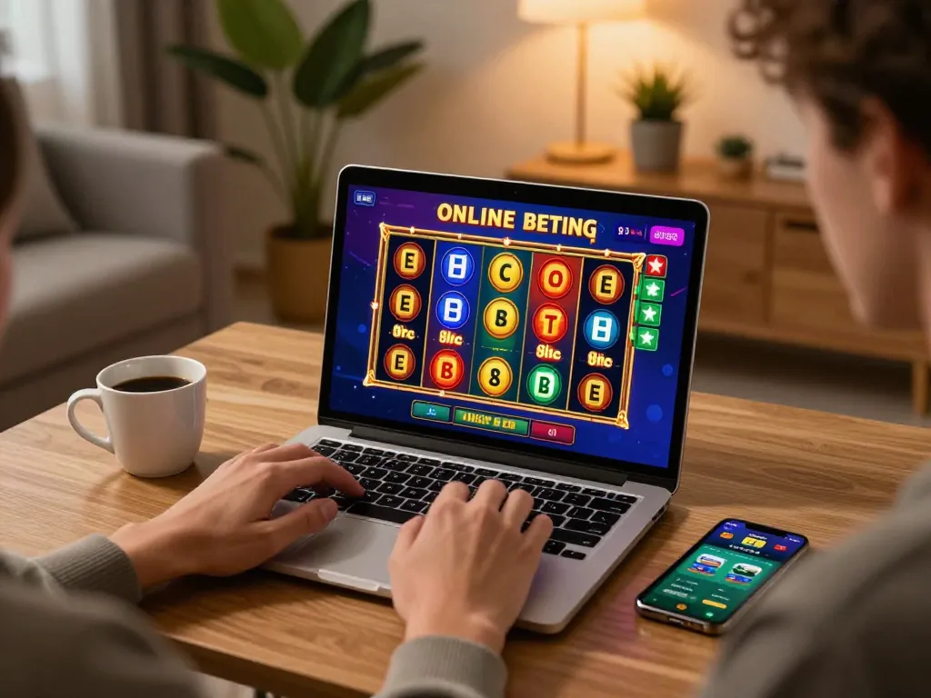 Person engaging in online EE88 gaming session, using laptop with vibrant slot game displayed, cozy home setting.