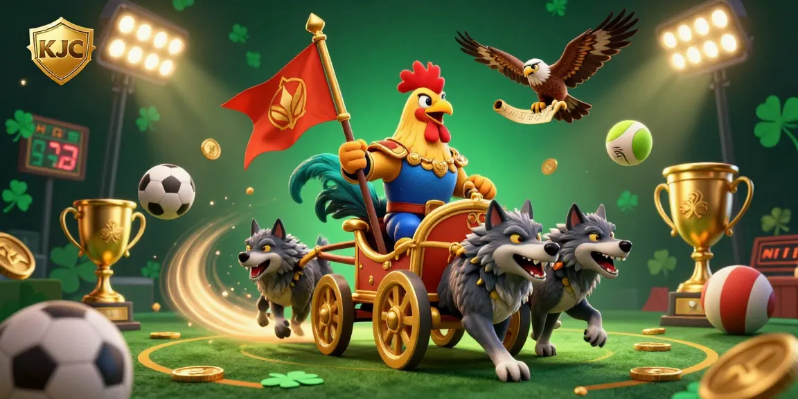 KJC showcases a unique casino scene with a rooster warlord and sports balls in dynamic motion, enhancing the online gambling experience.