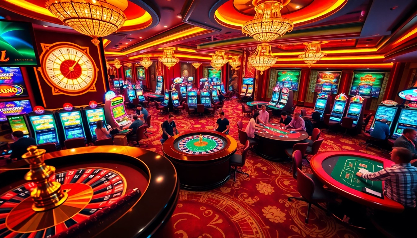 Players enjoying an exciting gaming experience at https://tg88.to/ casino with poker tables, roulette wheel, and vibrant slot machines.