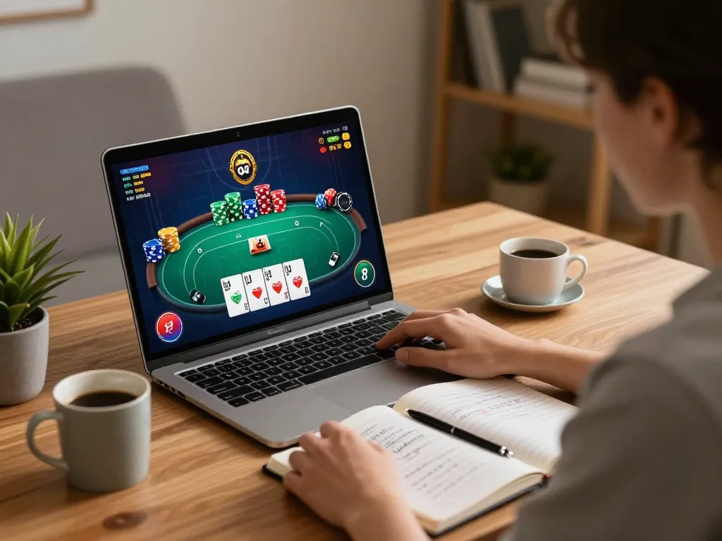 Player engaging in F168 online poker game, showcasing strategic gameplay and a comfortable home setup