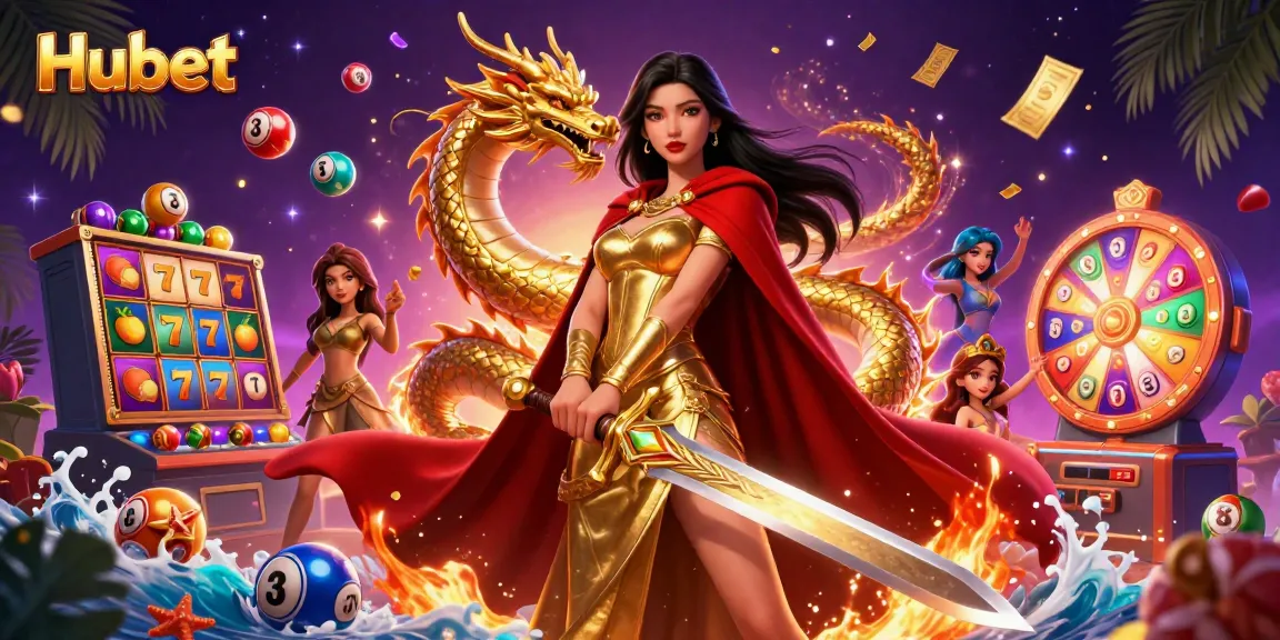 Experience thrilling action with Hubet's vibrant slot games and captivating characters in a dynamic casino scene.