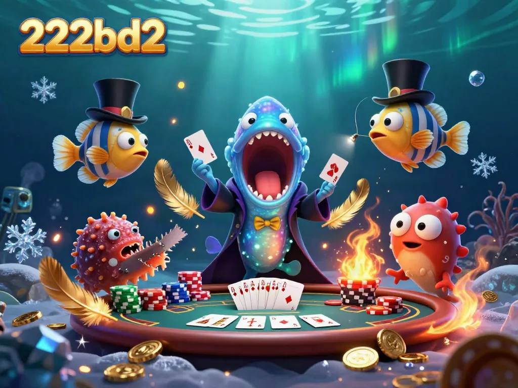 Engaging scene of a 222bd2 underwater magic show with a bioluminescent eel performing card tricks at a poker table.