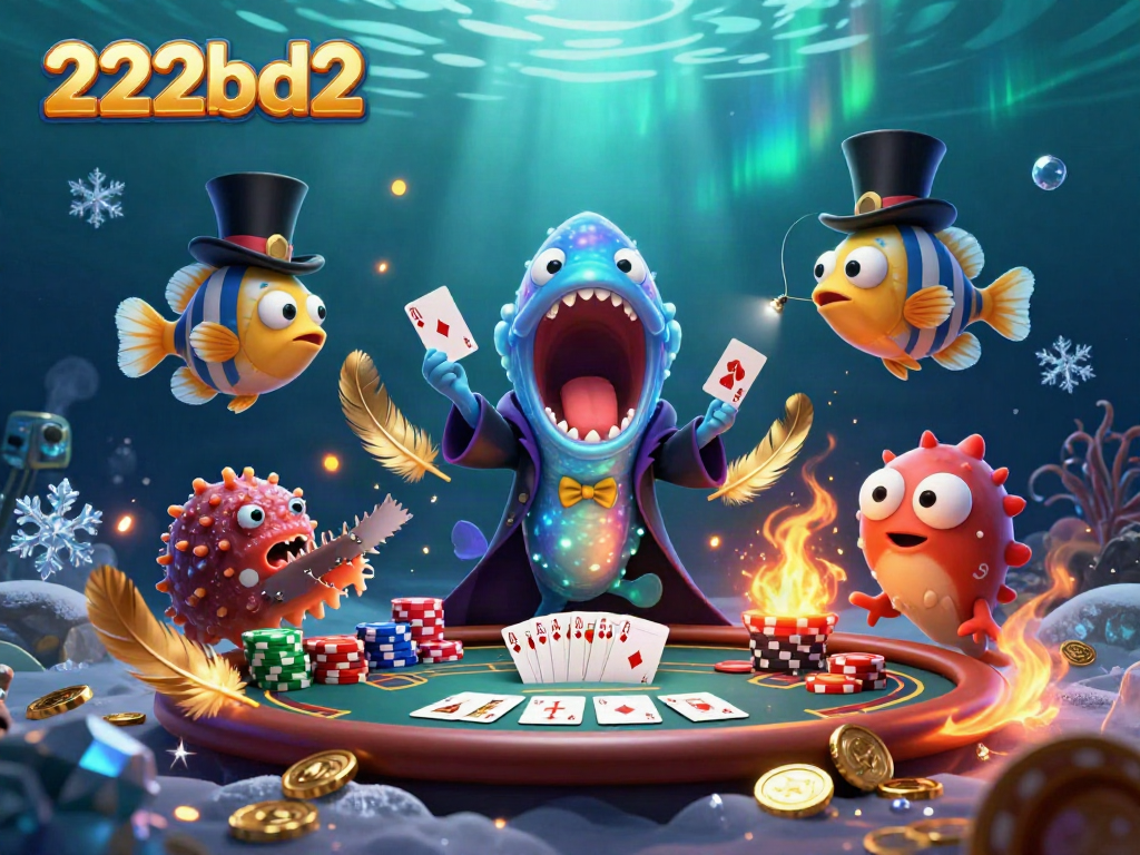 Engaging scene of a 222bd2 underwater magic show with a bioluminescent eel performing card tricks at a poker table.