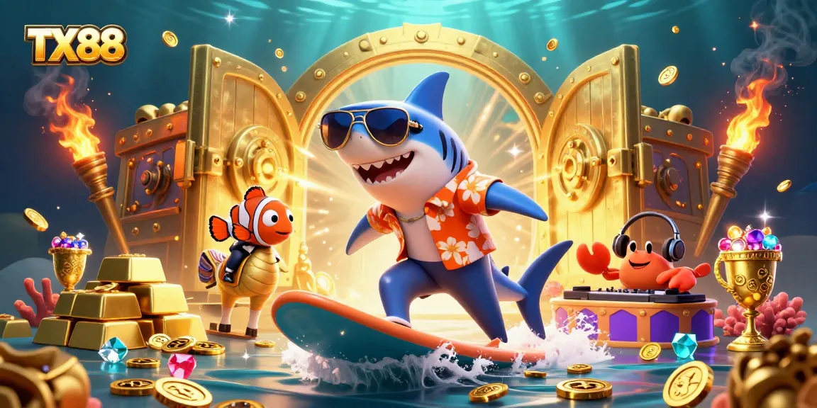 TX88 gambling scene with cartoon characters surfing on gold coins and treasure, highlighting excitement