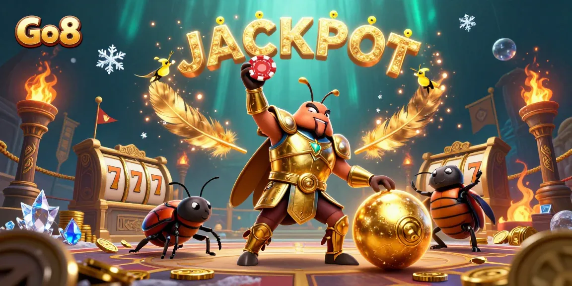 Engage in thrilling action at Go 8, featuring a heroic beetle champion lifting a poker chip amidst vibrant slot game elements.