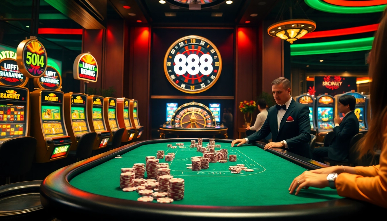 Experience luxury and excitement with 888VI at a vibrant casino scene featuring poker and roulette.