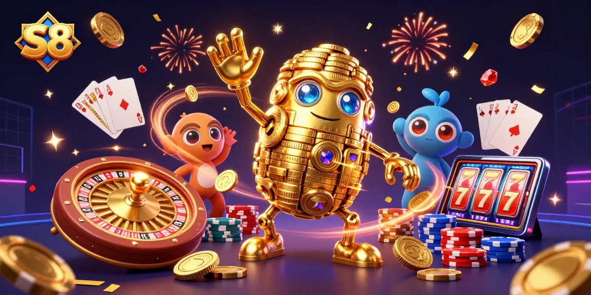 Spin big on S8 with ancient gold golem and cascading coins in a vibrant casino scene.