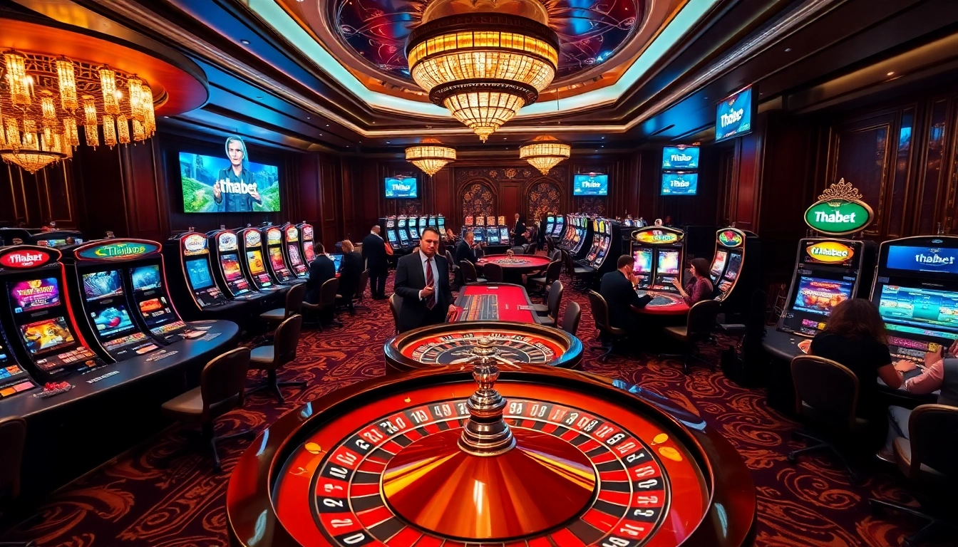 Thrilling casino experience at Thabet with players enjoying roulette and poker.