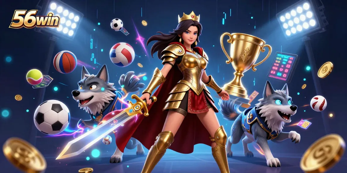 Engage with thrilling action at 56win, featuring a warrior queen and her armored wolf companion surrounded by dynamic sports elements.