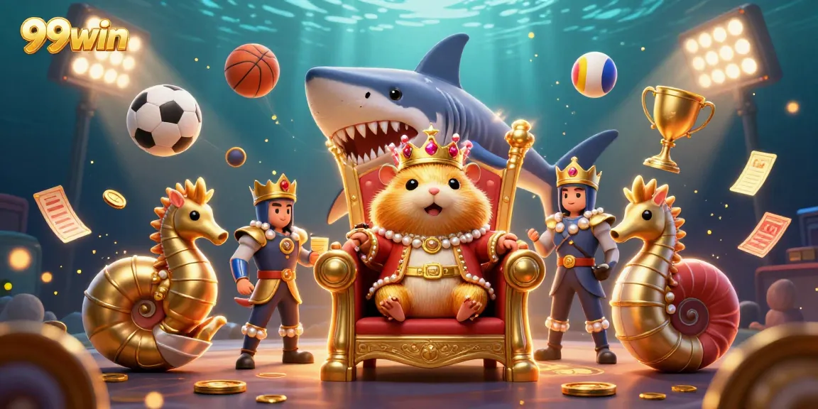Experience 99win thrills with a dynamic 3D casino scene featuring a golden hamster king, sports elements, and rich details.
