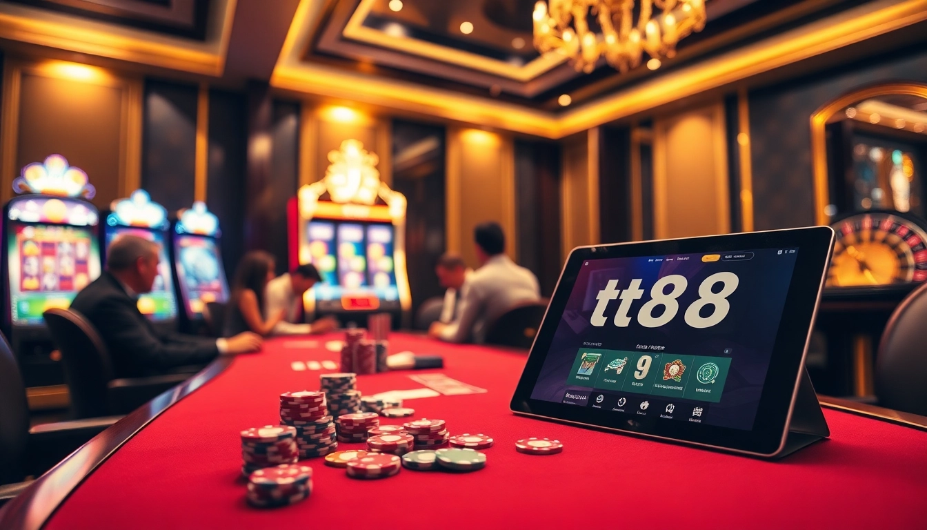 Experience thrilling gameplay at tt88's high-stakes poker table with vibrant casino chips.