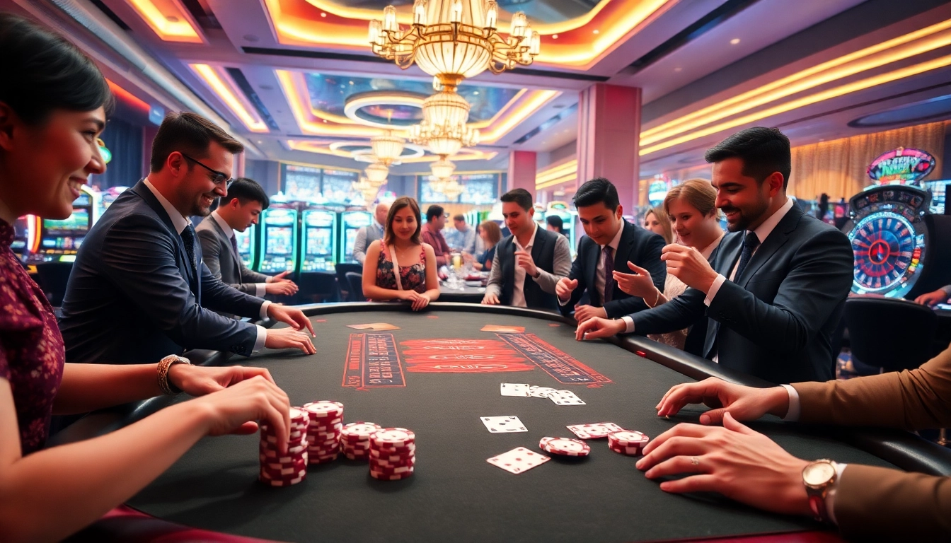 Players enjoy thrilling games at the NK88 casino table, surrounded by vibrant excitement and luxury.