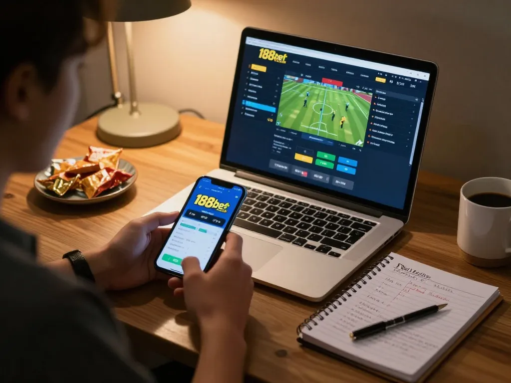 Person engaged in live betting on 188bet sports platform while analyzing strategies