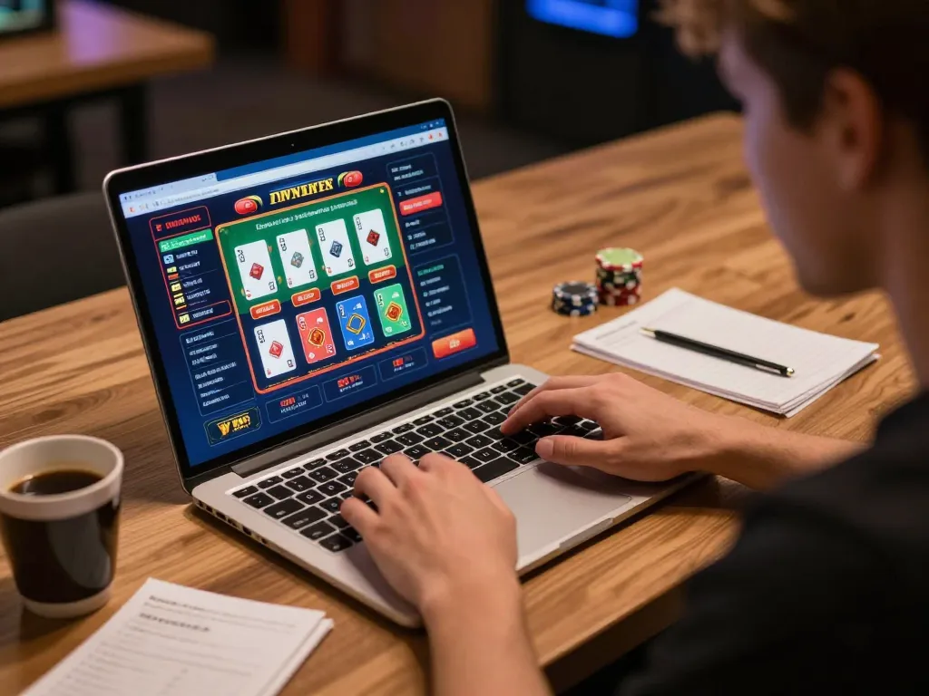 Engaging in online casino gameplay at urr88 with a laptop, showcasing vibrant gaming interface and strategic notes.