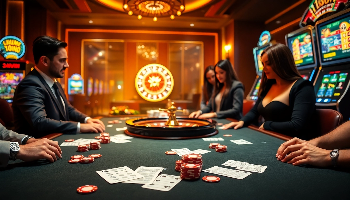 Gambling enthusiasts engaging at a 33win casino table full of chips, cards, and excitement.