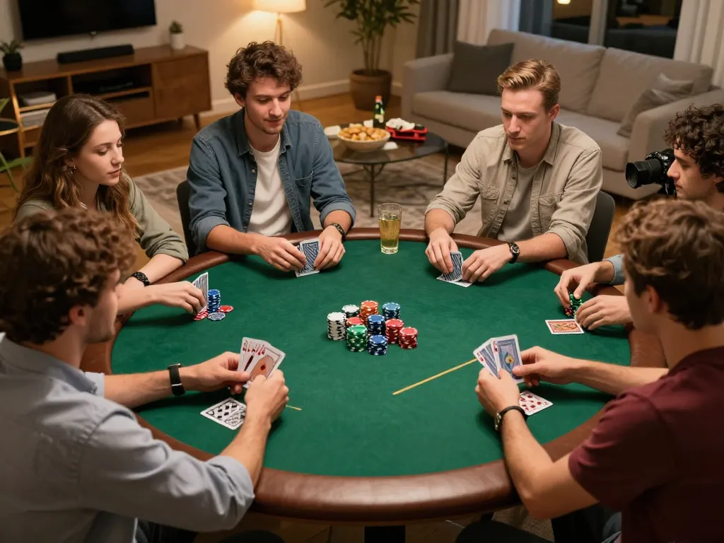 Players enjoying game bài đổi thưởng during a friendly poker night with chips and drinks