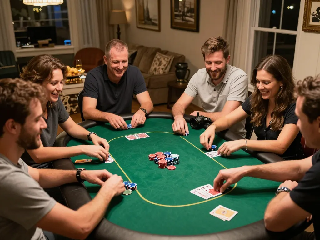 KUBET players strategizing at a friendly home poker game with chips and cards on display