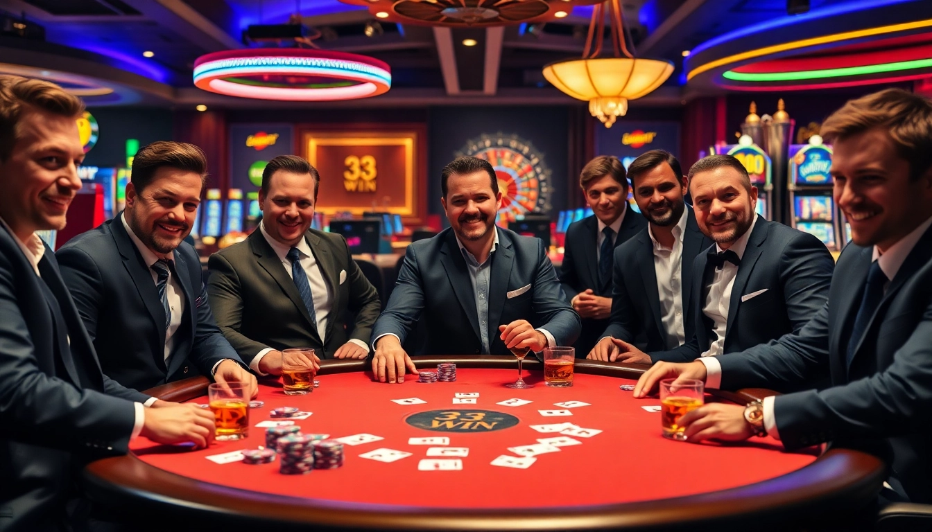 Experience high-stakes poker action with 33WIN amidst a luxurious casino backdrop.