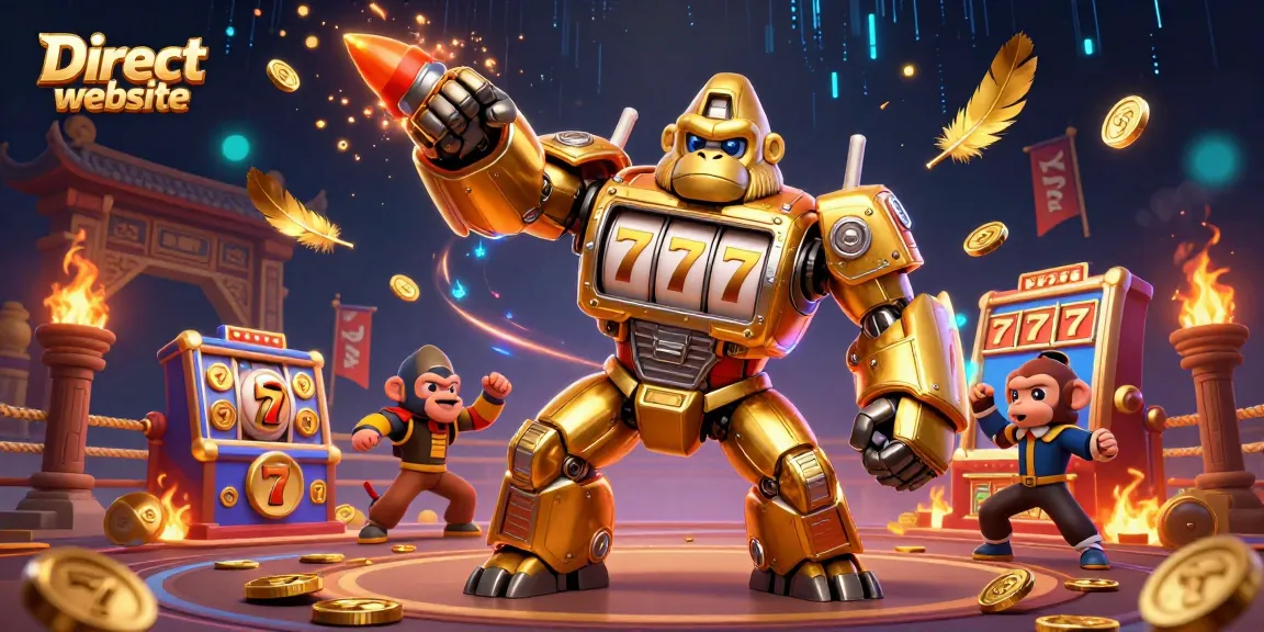 Experience the excitement of the Direct website with a vibrant 3D illustration of a golden gorilla mech, enhanced by slot machine elements and dynamic visuals.