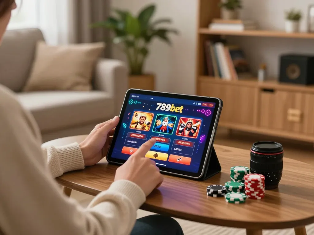 Engaging in online gambling at 789bet with vibrant tablet interface in cozy home setting.