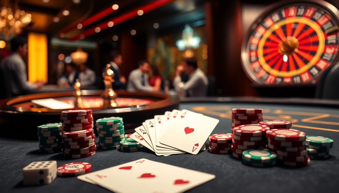 Engaging scene of casino excitement with Game Bài Đổi Thưởng featuring poker chips and high-stakes games.