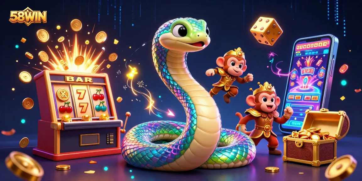 Engage with the vibrant 58WIN casino adventure featuring a colorful jackpot explosion and captivating characters.