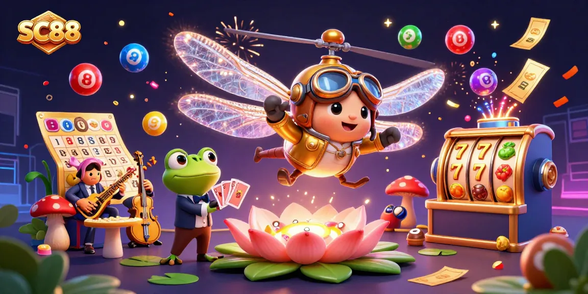 Experience exciting wins at the SC88 casino with a dynamic scene featuring card games and vibrant lottery elements.
