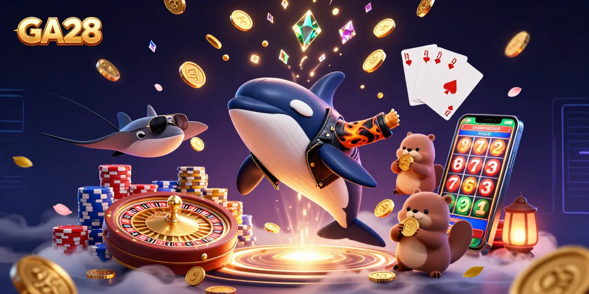 GA28 casino scene with dynamic 3D characters amidst spinning roulette and flying coins.