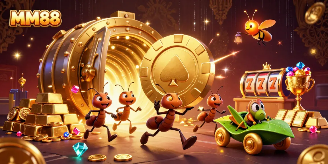 MM88 team of ants heist with golden poker chip, vibrant casino elements, dynamic golden treasures