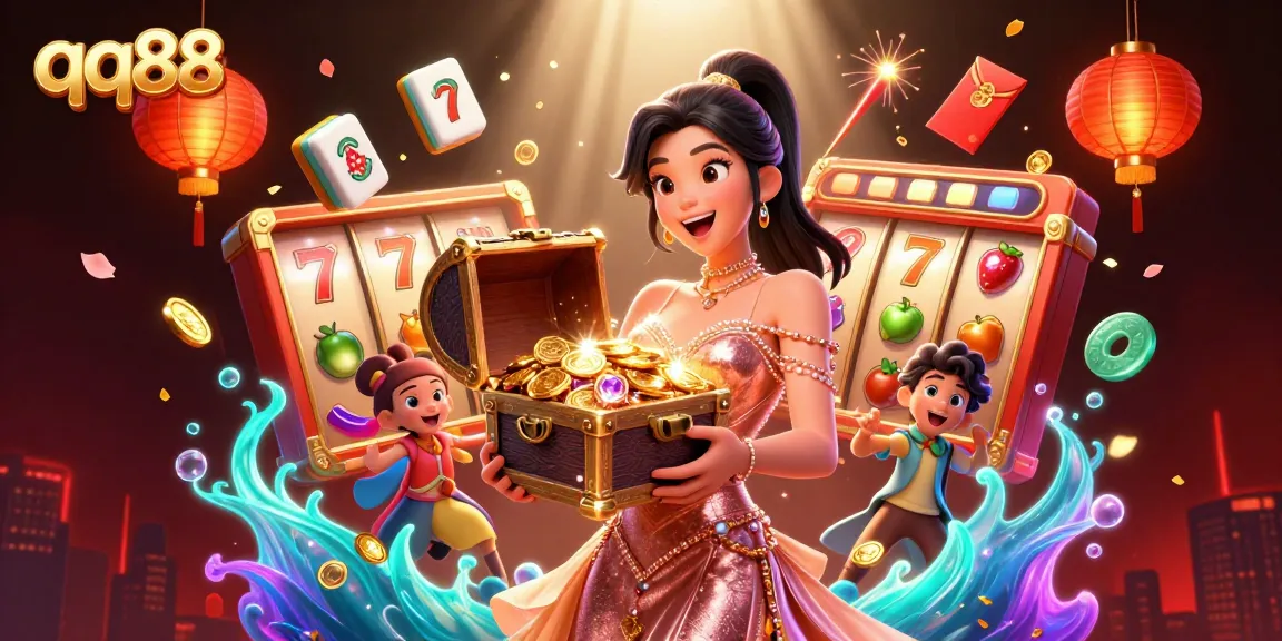 Engage in thrilling slots action featuring qq88 with a dazzling treasure chest, colorful slot reels, and bonuses.