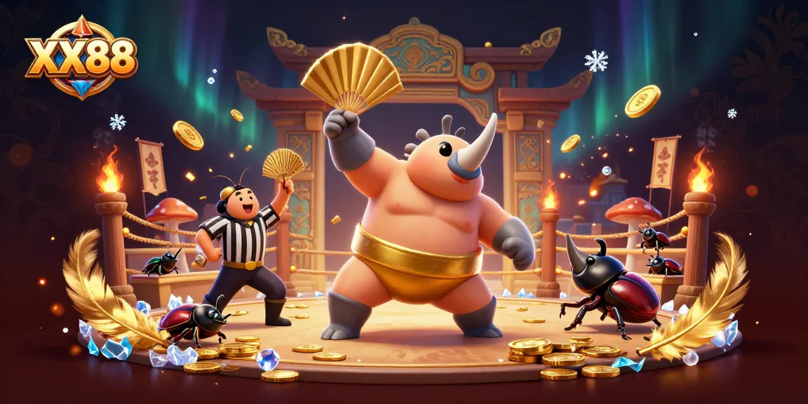 Experience thrilling games at XX88 with dynamic casino action illustrated by energetic beetles.