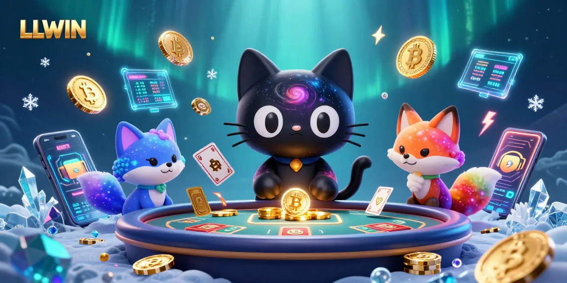 Engage with LLWIN in a vibrant casino scene featuring cosmic characters and rich gaming elements.
