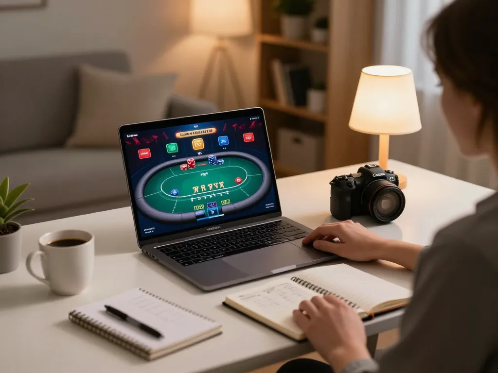 O8 player strategizing during an online poker game at home, showcasing thoughtful engagement in responsible gambling.