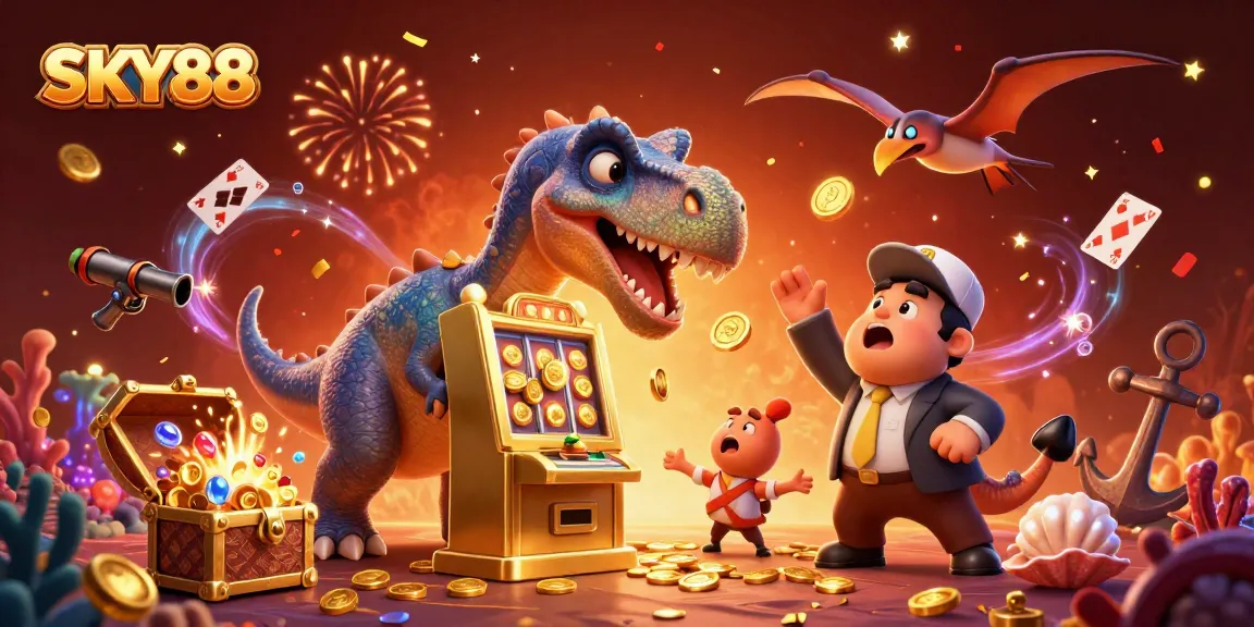 SKY88 presents a lively scene of thrilling jackpots with golden coins raining down.