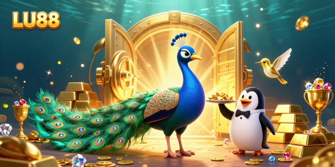 LU88 showcases exciting gameplay with vibrant peacock characters, golden chips, and jewels highlighting the casino atmosphere.