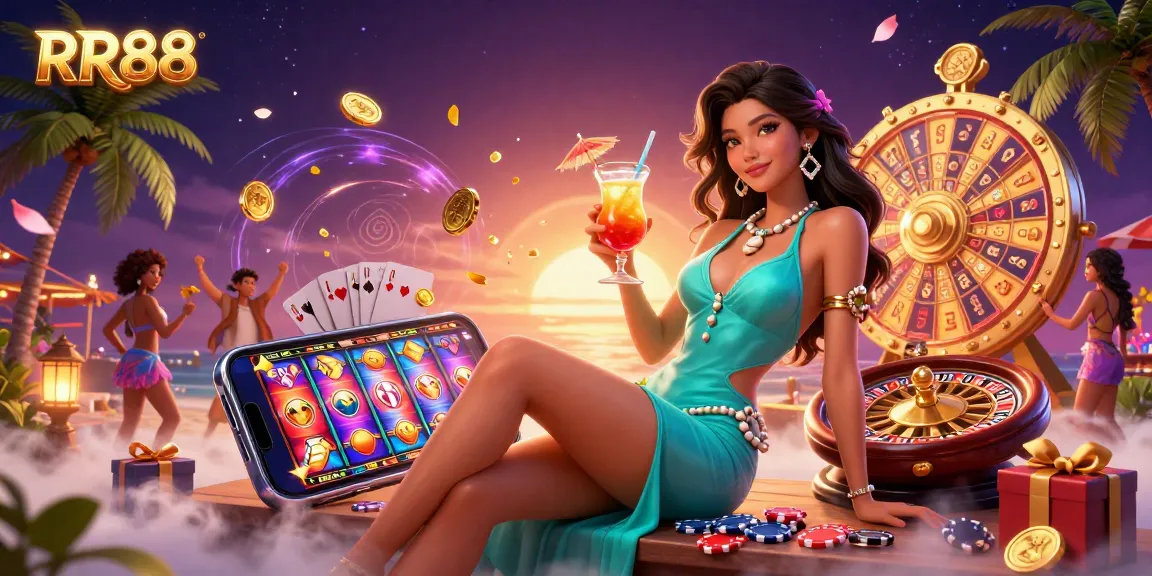 Experience thrilling gameplay at RR88 with vibrant slot games, dynamic prizes, and a tropical casino atmosphere.