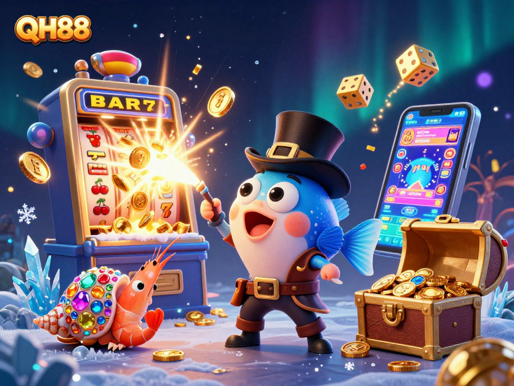 Exciting QH88 casino scene with a vibrant anglerfish, pirate shrimp, and gem snail in action.