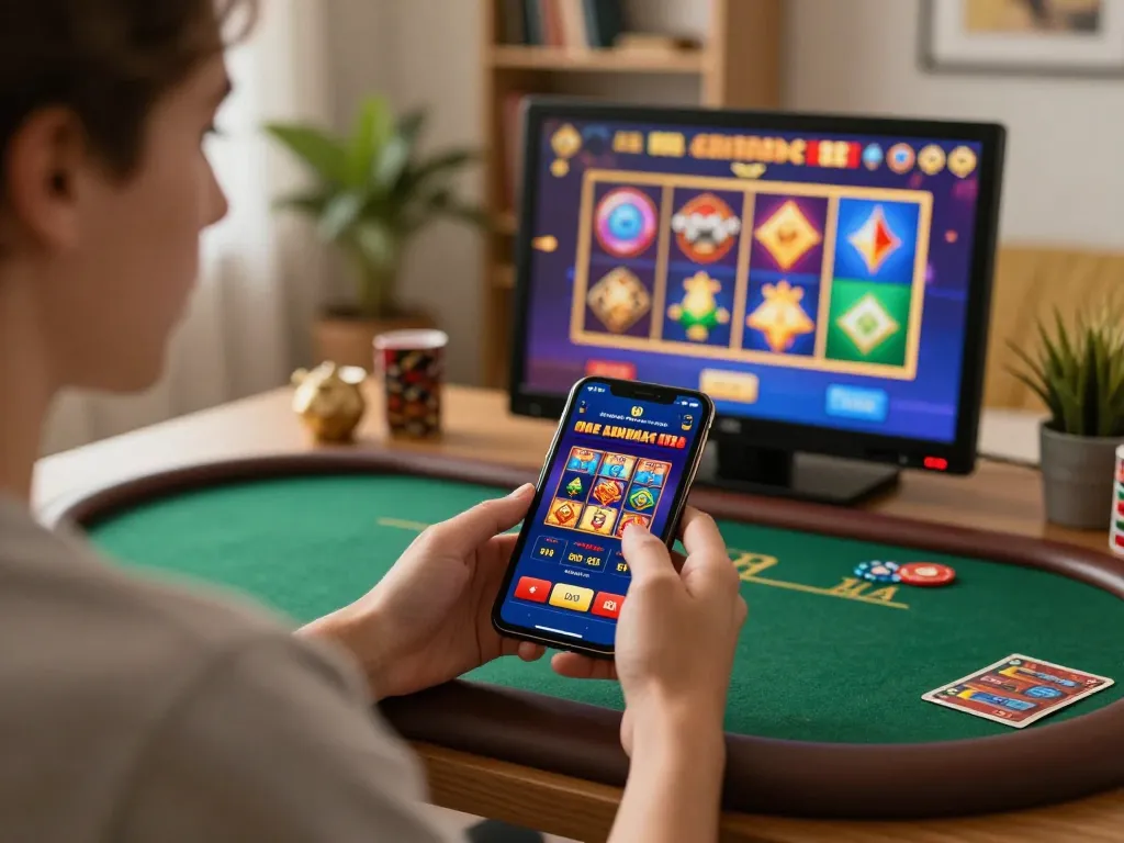 Player enjoying the Nk88 mobile casino app at home, engaging with exciting games and strategies.