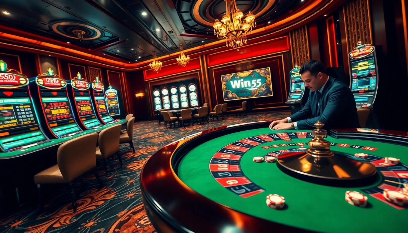 Win55 casino players enjoying a vibrant roulette game at luxurious tables